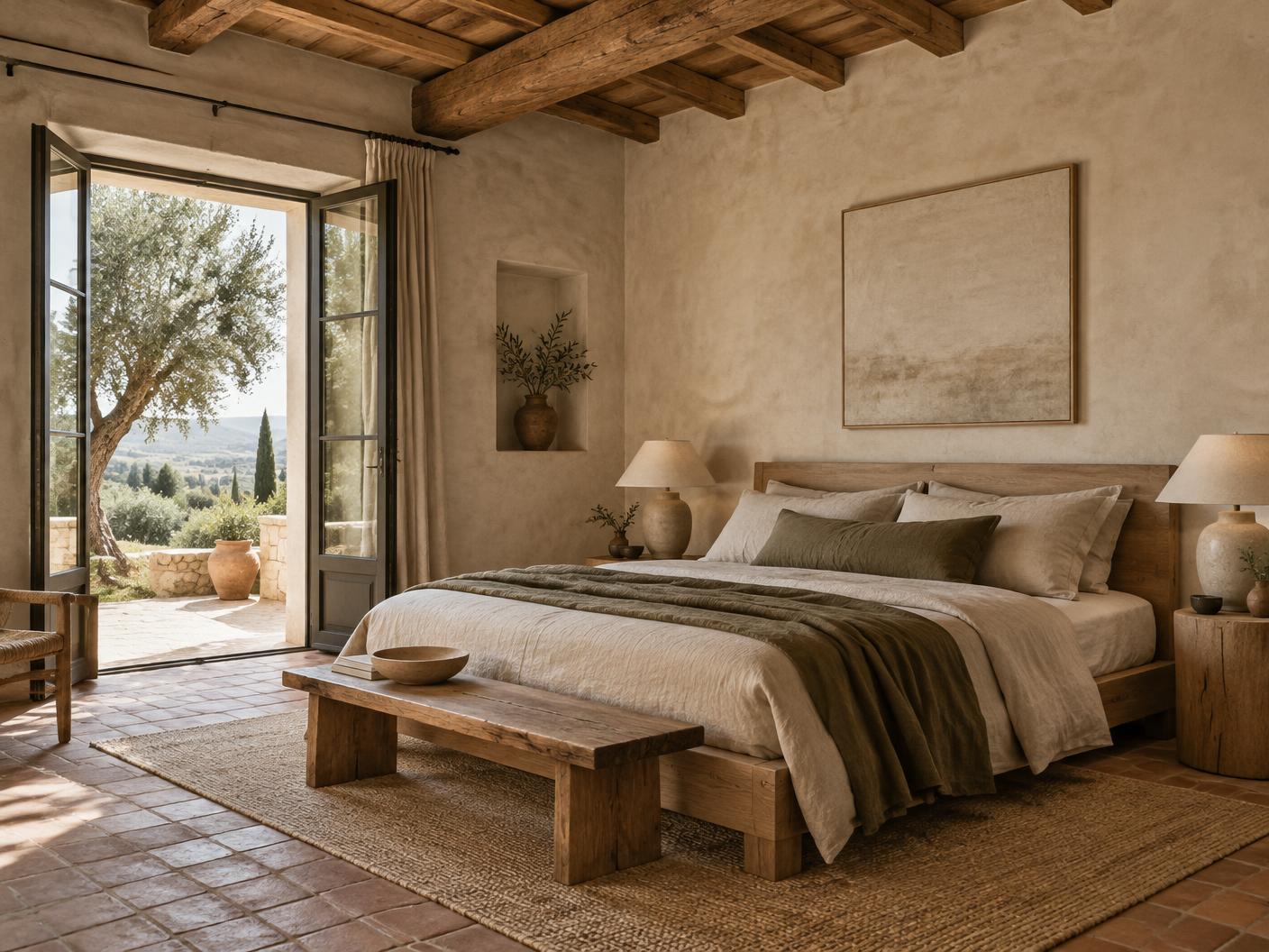 Calm Tuscan and Japandi bedroom