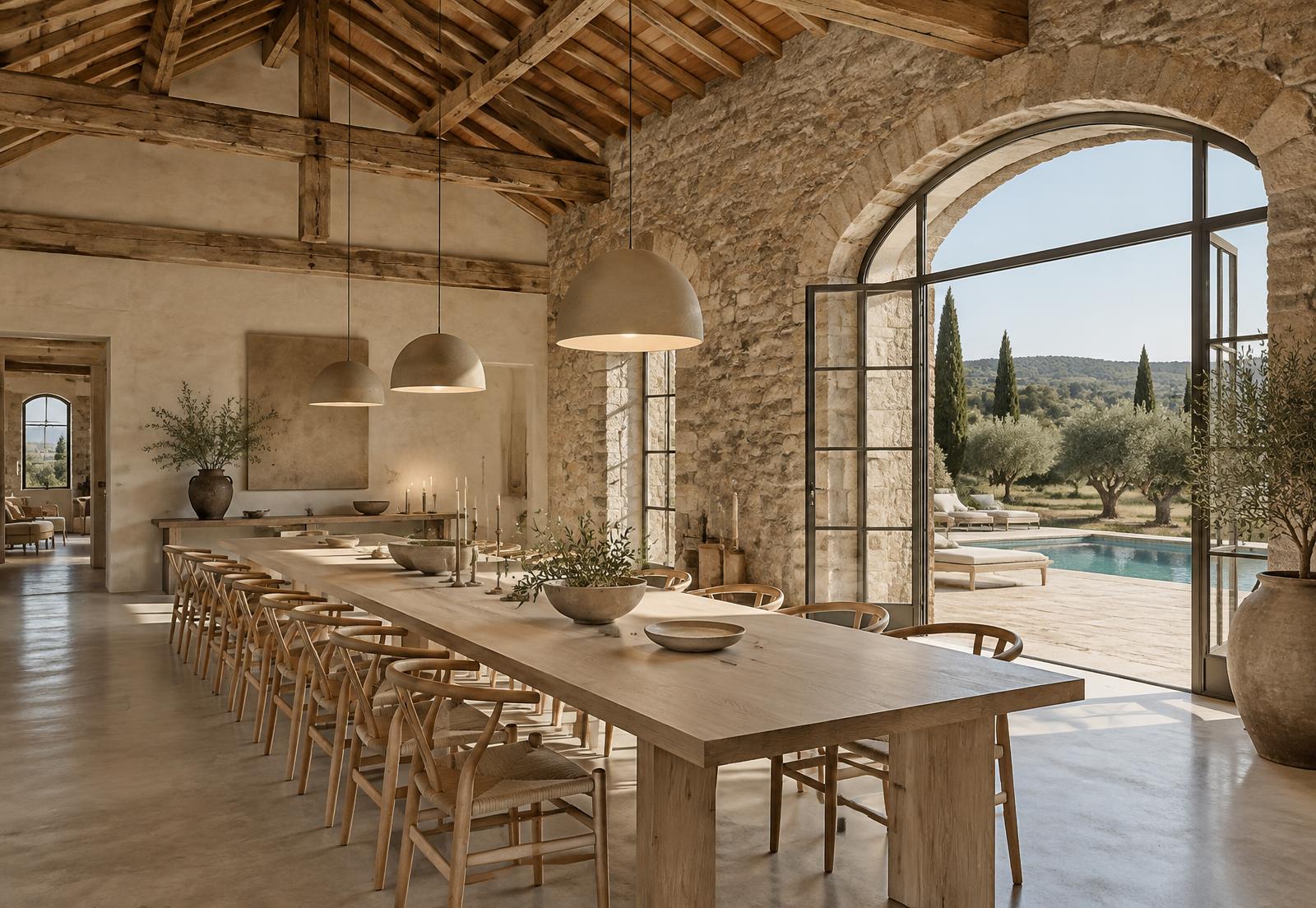 Shared gathering room opening onto a Tuscan pool