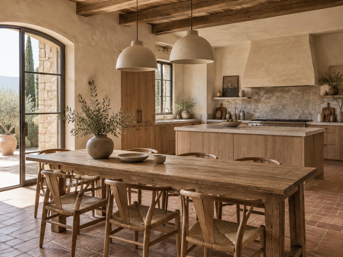 Natural timber kitchen in a restored Tuscan farmhouse