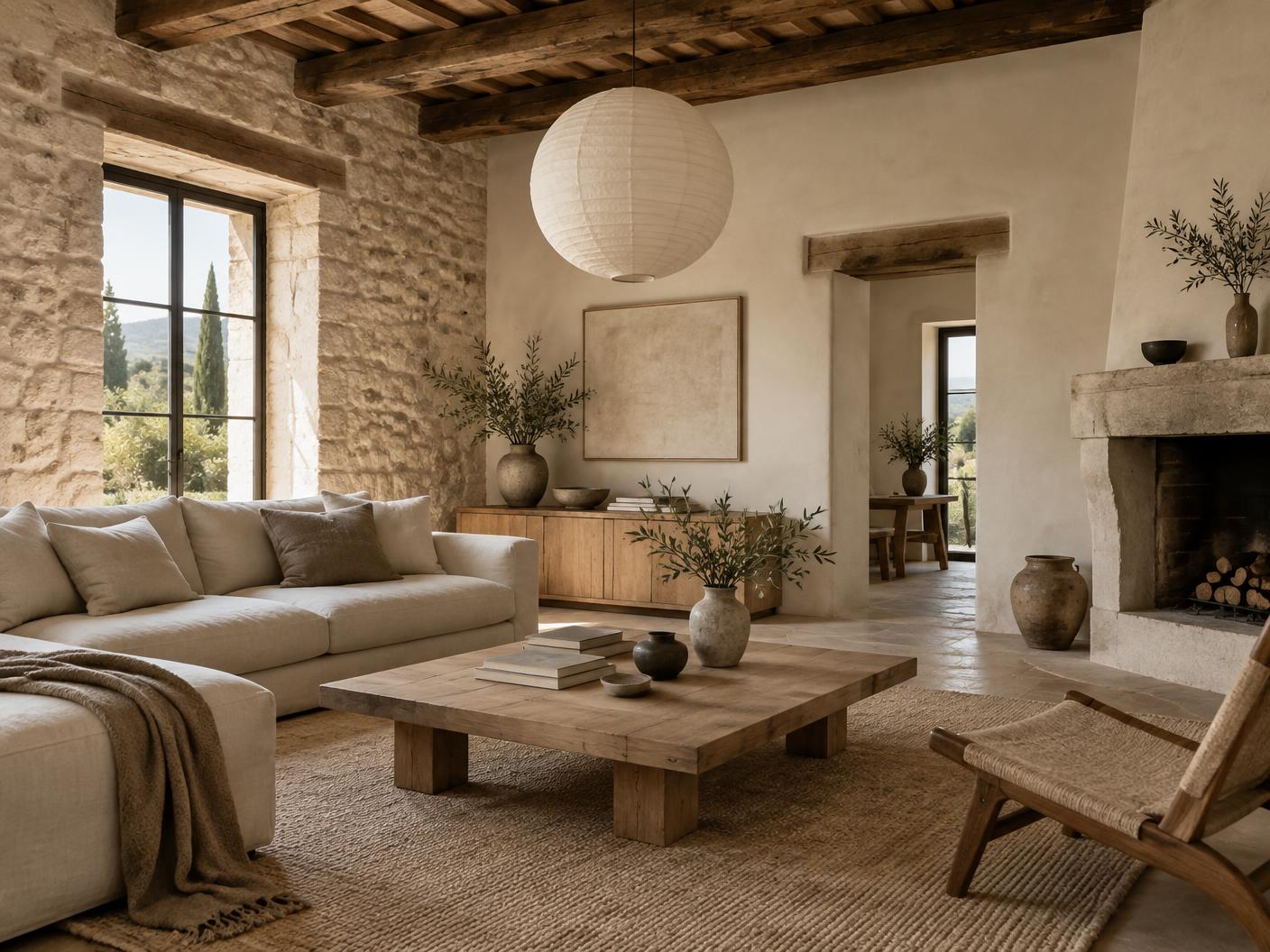 Tuscan farmhouse living room with Japandi furnishings