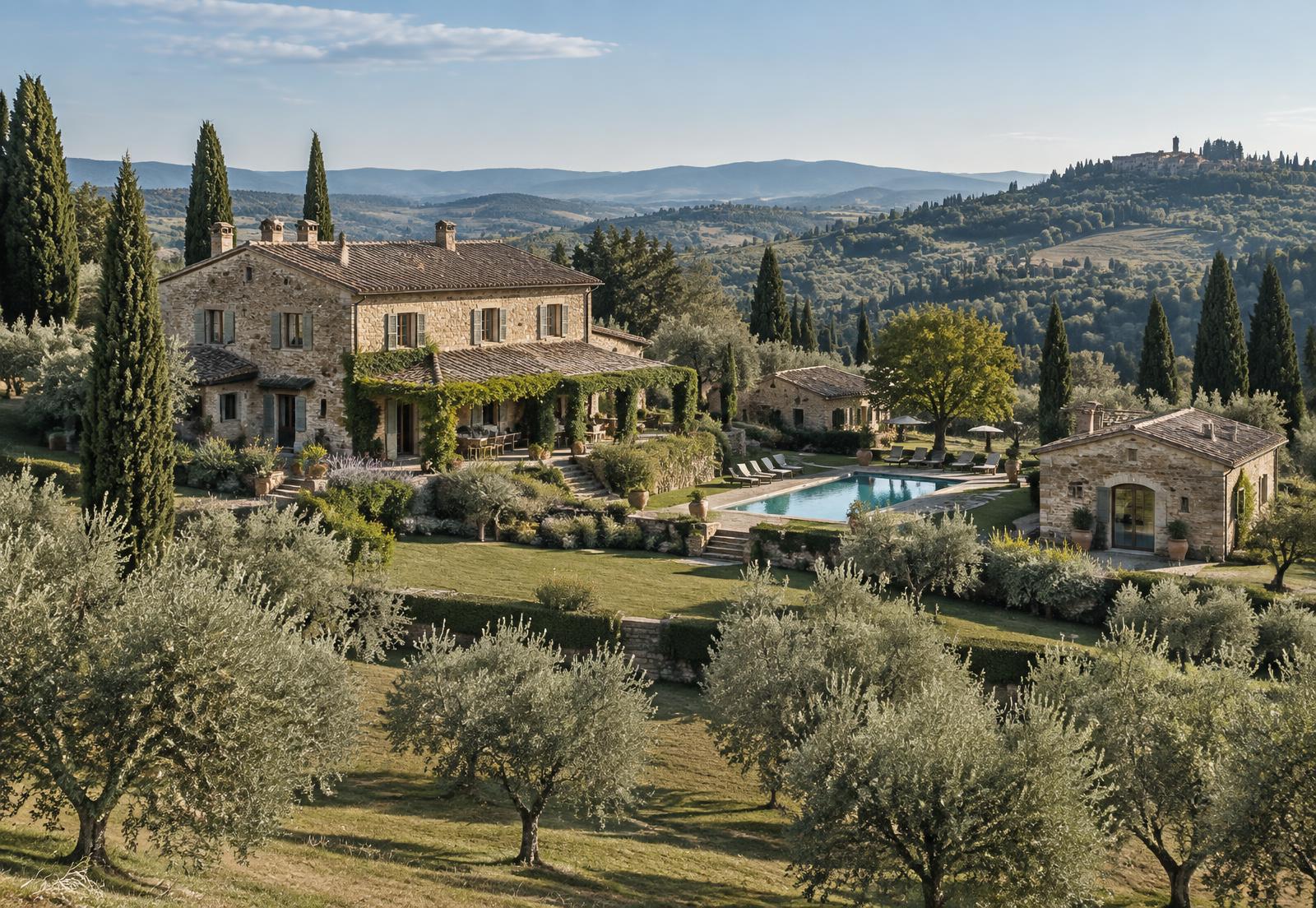 Tuscan farmhouse estate with a pool and outbuildings