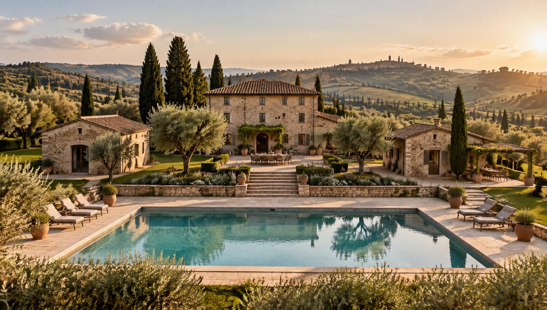 Tuscan farmhouse estate with outbuildings and swimming pool
